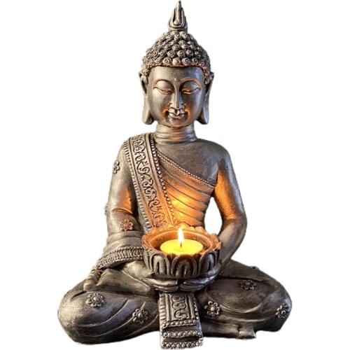 Resin Buddha Statue Figurine with Tea Light Candle Holder Candlestick Antique Meditating Sitting Sculpture Decoration