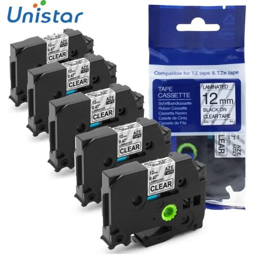 Unistar 5pcs tze131 Compatible for Brother Label Tape 12mm Black on Clear Compatible for Brother Label Maker Label Printer h110