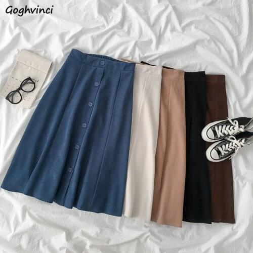 Midi Skirts Women Elegant Single Breasted Elastic Waist Office Lady A-line Korean Style All-match Retro Loose Skirt Female Chic