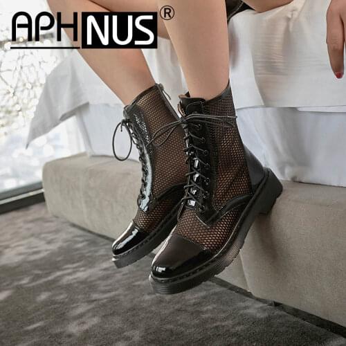 APHNUS Womens Boots Motorcycle Cut Outs Low Mid Heels Pumps Flats Woman 2021 Shoes For Women New