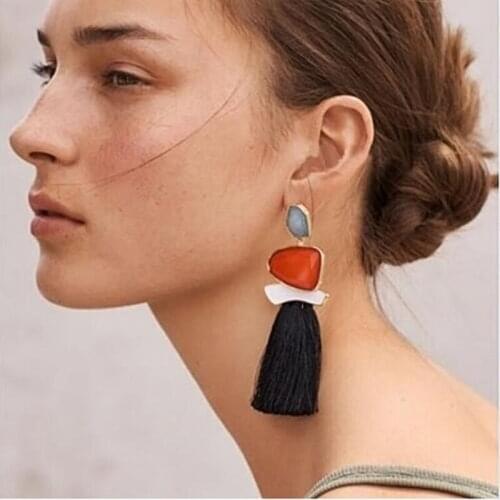 HOCOLE Boho Tassel Earrings For Women Vintage Gem Stone Long Fringe Hanging Drop Colorful Earring Big Pendientes Jewelry New