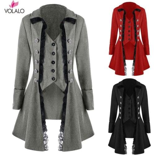 VOLALO Autumn Winter Women Trim Long Medieval Jacket Gothic Lady Cosplay Solid Long Sleeve Three-Breasted Irregular Tops