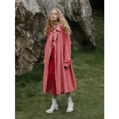 IRINACH253 FALL WINTER 2020 COLLECTION oversize long red cotton denim trench coat women