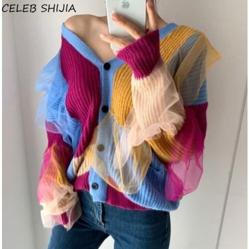 Patchwork Knit Cardigan Sweater Woman New Fall V-neck Oversized Knitted Cardigan Woman Korean Runway Design Autumn Sweater Red