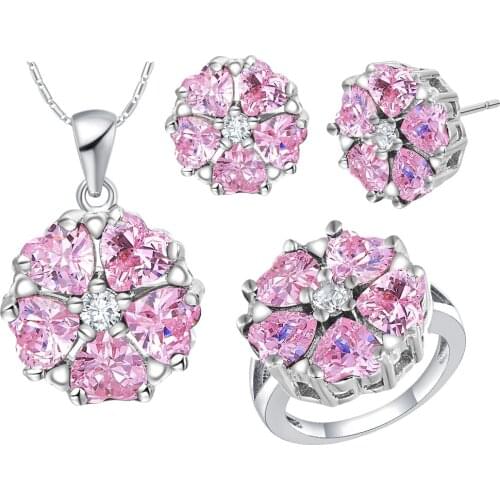 FDLK Fashion Pink Crystal Cz Pendant Necklace Earrings Ring Heart Shape Jewelry Set for Women Wedding Party Gifts
