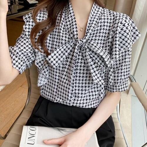 2021 Korean Tops Fashion Women Clothing Shirt with Loose Bow Chiffon Blouses Blusa Feminina Ruffles Bow Ladies Tops Casual 0934