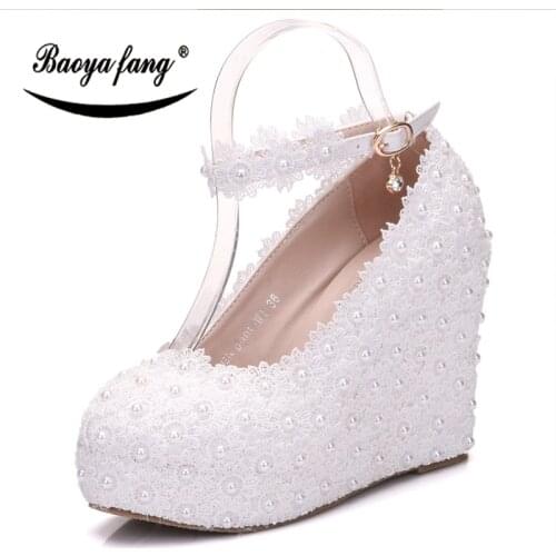 BaoYaFang New White Womens wedding shoes high heels platform shoes Wedges ankle strap Woman Pumps high shoes Buckle