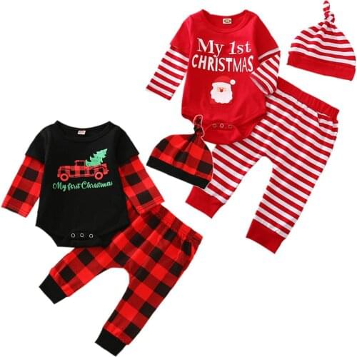 Citgeett Autumn Christmas Newborn Baby Boys Girls 3Pcs Set CHRISTMAS Long Sleeve Letter Print Bodysuit+Pants+Hat Holiday Set