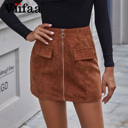 Viifaa O-Ring Zipper Decorative Pocket Front Corduroy Winter Mini Skirt Women High Waist Solid Elegant Slim Bodycon Skirts