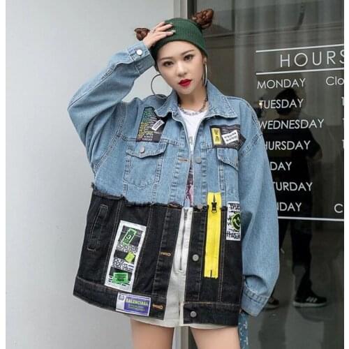 Denim womens spring stitching printed patch loose fashion long-sleeved cardigan jacket Y773