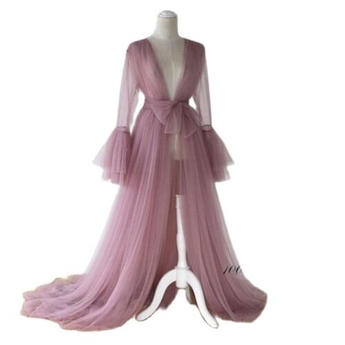 Purple Bridal Robe with Belt Tulle Long Sleeve Dressing Gown Wedding Bathrobes Women Boudoir Dress Sleepwear Nightgowns