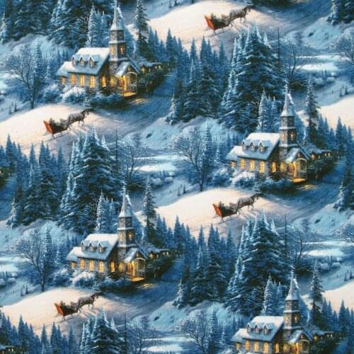 Cotton Woven Fabric -Snow mountain landscape, villa and tree, clothing bedding handmake fabric by the yard (width=110cm,150g)