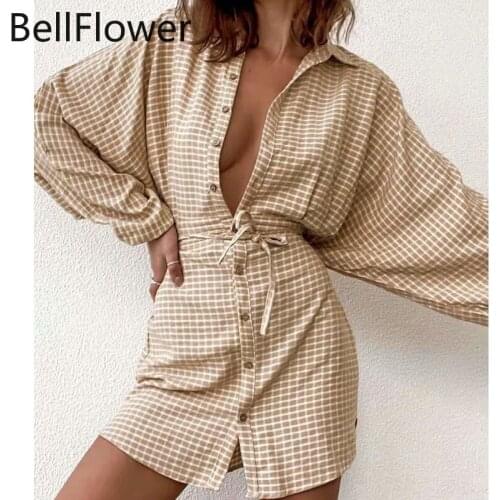 Plaid Shirt Dress for Women 2021 New Autumn A-LINE Long Sleeve Bandage Dress Batwing Sleeve Button Casual Clothes Korean Dresses