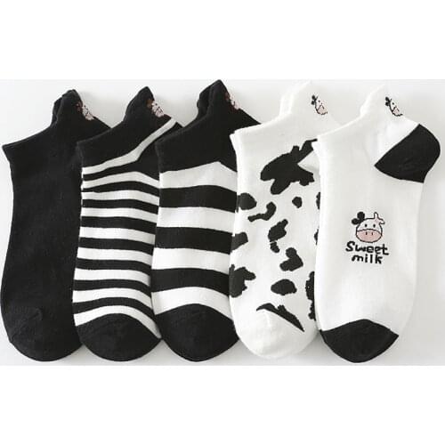 New Cartoon Print Socks for Women Cow Embroidery Stripes Spring Summer Cotton Short Socks for Ladies Girls Female Socks Sokken