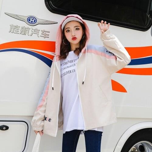 Womens 2020 Spring Autumn Trench Coat Women Korean Letter Contrast Loose Hooded Tooling Printed Windbreaker Female Zipper Q161