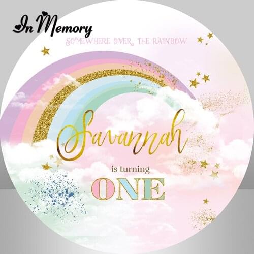 Rainbow Clouds Pink Girls Round Backdrop Cover Gold Little Stars Newborn Baby Shower Photocall Photography Background Customized