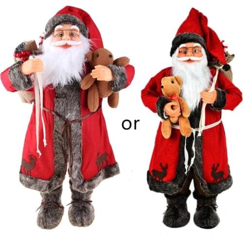 Christmas Santa Claus Holding Bear Plush Doll Standing Figurines Statues Decoration Xmas Collectible Ornament Toy Decor