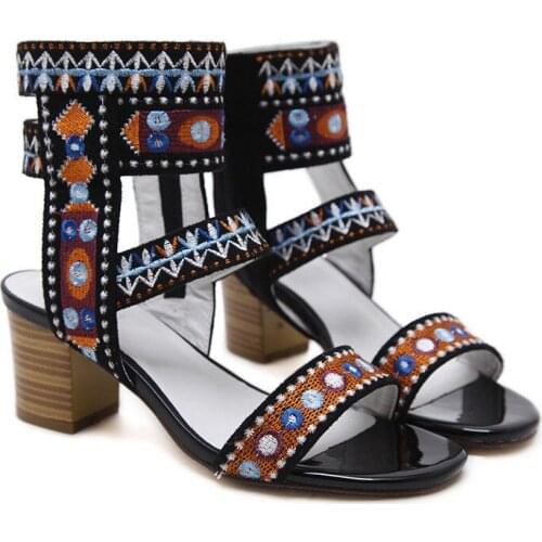 Summer Womens Sandals Embroidered Women Sandals New Ethnic Style Retro Embroidered Thick Heel Open Toe Sandals