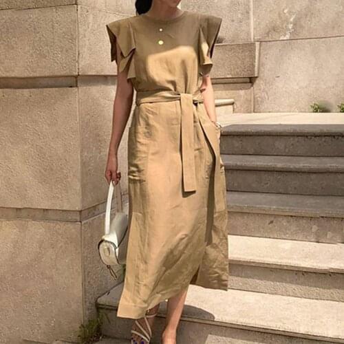 Summer Sundress Women O-neck Sleeveless Dress Soft Ruffle Mid-Calf Belt Midi Dress Summer Sundress Office faldas largas 2021