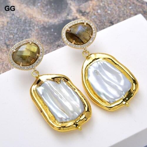 GuaiGuai Jewelry Natural Cultured Rectangle White Keshi Pearl Labradorites Gold Color Plated Stud Earrings Classic For Women