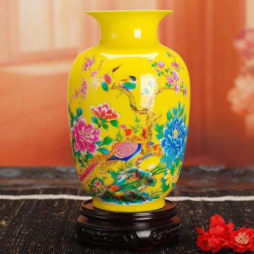 Modern Jingdezhen Ceramic Yellow Vase Home Decoration Red Porcelain Flower Vases With Flowers and Birds Lotus And Fish Pattern