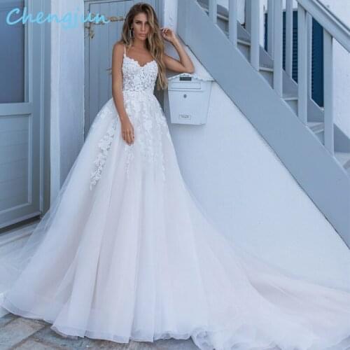Chengjun Bridal V Neck A Line Beaded Pearls Lace Made Spaghetti Strap Wedding Dress