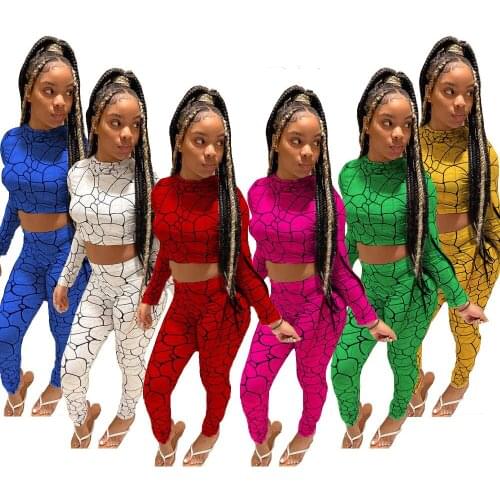 Echoine Casual Fashion Print Long Sleeve Crop Top Autumn Women Blouse Pants Tracksuit 2 Pieces Sets Gym Sportswear Party Outfits