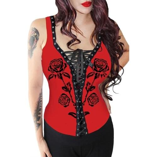 Black Red Pink Women Rose Flower Print Gothic Clothing Tank Top Waist 2021 Summer Sexy Sleeveless Bandage Y2k Top Plus Size Vest
