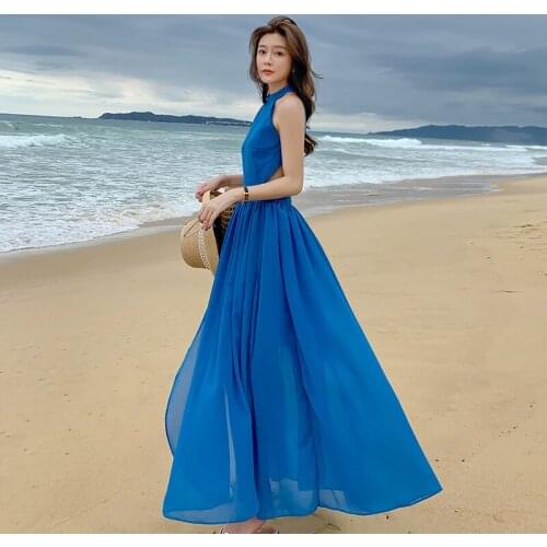 TingYiLi Halter Neck Blue Long Beach Dress Women Summer Holiday Chiffon Boho Dress Korean Backless Sexy Maxi Dress With Slit