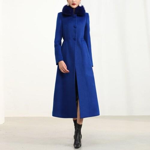 Blue long wool coat women 2020 New off season special X-long versatile high end real fox fur collar coat slim