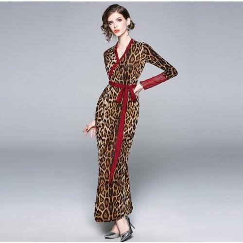 Women Dress Autumn And Winter Fashion Lace Splicing Long Sleeve Leopard Sexy V-Neck Split Pencil Skirt