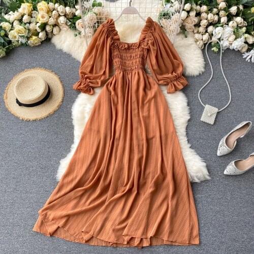 Autumn Sweet Puff Sleeve Chiffon Dress Women Sexy Square Neck High Waist Beach Long Dresses Ladies Elegant Ruffles Maxi Dress