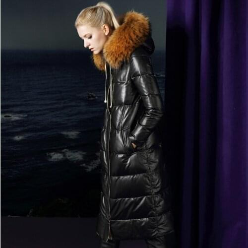 Winter Warm Thick Real Sheepskin Leather Duck Down Coat Furry Recoon Dog Fur Collar Women Quality Coat 15961 MF319