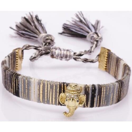 Gold India Ganesha God head charm ethnic boho bohemia soft cotton silk tassel tail wristband adjustable bracelet for woman