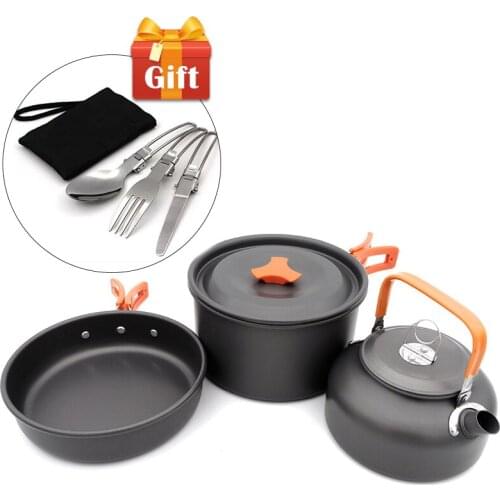 3pcs/Set Camping Cookware Utensils Ultra-light Aluminum Alloy Outdoor Cooking Teapot Picnic Tableware Kettle Pot Frying Pan