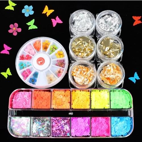 3D Dried Flowers Fluorescence Butterfly Sequin Nail Glitter Nail Sticker Gold Irregular Nail Art Foil Paper Nail Art Decorations