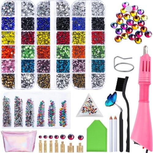 Hotfix Applicators with 7200 pcs Rhinestones- Flatback Hot Fix Rhinestones in 12 Colors and 3 Sizes with Rhinestones Applicators