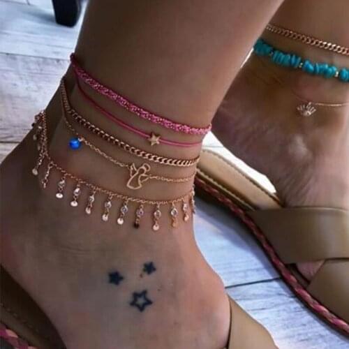 Docona 5pcs Boho Gold Star Angel Pendant Anklet Set for Women Multilayer Woven Rope Foot Chains Beach Jewelry Tobilleras 8610