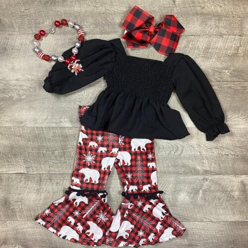 FOCUSNORM 2pcs Baby Girls Christmas Clothes Sets Ruffles Long Sleeve Solid T Shirts Plaid Printed Flare Pants 0-4Y