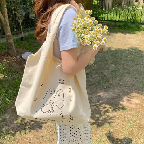 Kawaii Women Canvas Shoulder Bag Female Shopping Bags Tote Large Capacity Students Book Bag Cotton Cloth Handbags For Girls