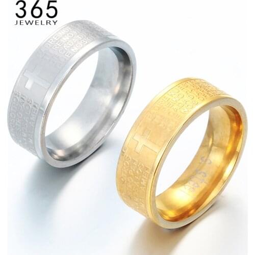 Hot Sale Gold Titanium 100% Stainless Steel Prayer Finger Rings Jesus Bible Letter Prayer Cross Ring for Men Women Belief