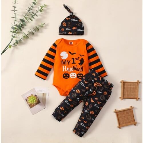 Baby Boy Girl Clothes Set Infant Baby Boys Girls Romper + Halloween Cartoon Pants+Hat Outfits Autumn Set Roupa Infantil Menina