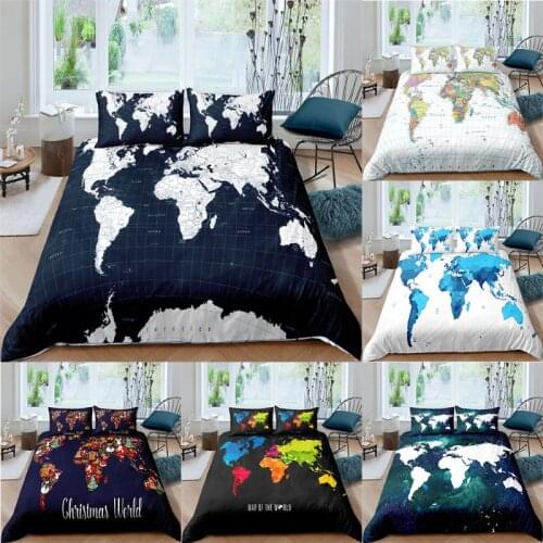 HD World Map Print Bedding Sets Duvet Cover+ Pillowcase 2/3pcs Single Twin Queen King Bed set US/AU/EU Size