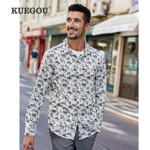 KUEGOU 2021 Autumn Print Casual Shirt For Men Oversize Male Fashion Slim Fit Unusual Collar Button Long Sleeve Clothing 3277