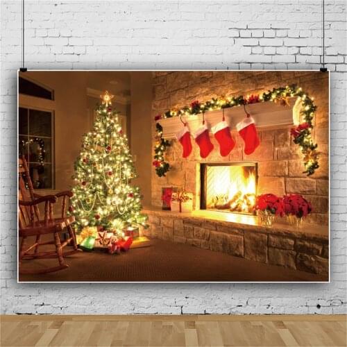 Laeacco Old Stone Fireplace Christmas Tree Socks Sock Wreath Rural Home Party Photocall Photographic Background Photo Backdrops