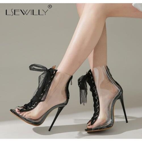 Lsewilly 2020 hot sale summer boots women peep toe lace up transparent sexy super high heel party prom shoes women ankle boots