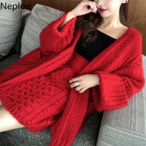 Neploe Autumn Winter 2021 Sweater Sets Twist Thick Medium-long Cardigan + Stretch Waist Mini Skirt Red Knitted Plus Size Suits
