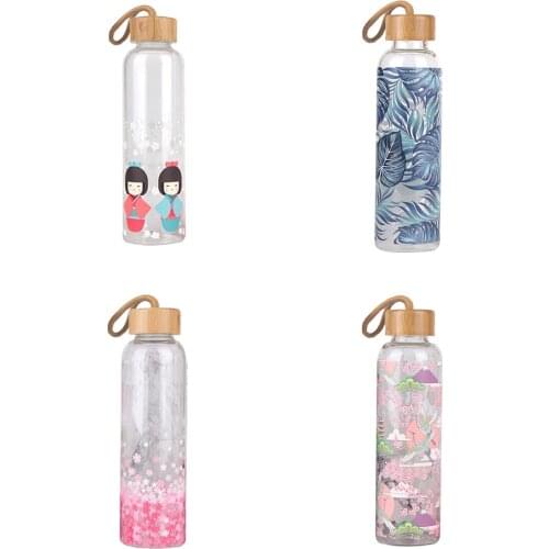 550ml Portable Glass Water Bottles With Bamboo Lid Rope Decanter for Juice Tea Japanese My Drinking Cup Sport Outdoor Office