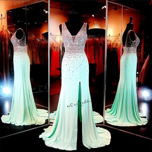 Luxury Mint Green Crystals Prom Dresses Long 2017 Formal Evening Gowns Mermaid Split Side V Neck Back Vestidos de Festa Sexy