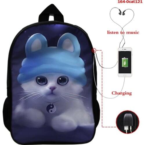 16 Inch Backpack with Usb Cable 3D Animal Cat Print School Bag for Boys Girls Fashion Backpack Primary Student Schoolbag Mochila